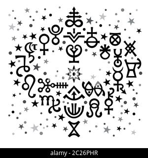 Astrological bouquet (astrological signs and occult mystical symbols), black-and-white celestial pattern background with stars. Stock Photo