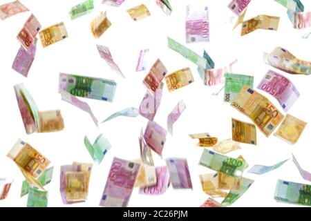 Money rain of Euro banknotes isolated on white background. Stock Photo