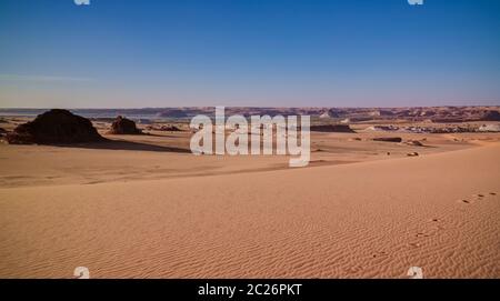 Panoramic Aerial view to Djiara, Ahoita, Daleyala and Boukkou lakes group of Ounianga Serir lakes at the Ennedi, Chad Stock Photo