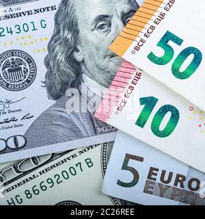 Euro bills. Different denominations on a gray background. 5, 10 50 euros Stock Photo