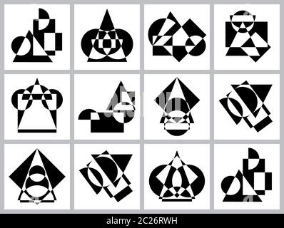 Abstract futuristic geometric figures, shapes of symmetry and asymmetry. Set of black and white pattern backgrounds. Stock Photo
