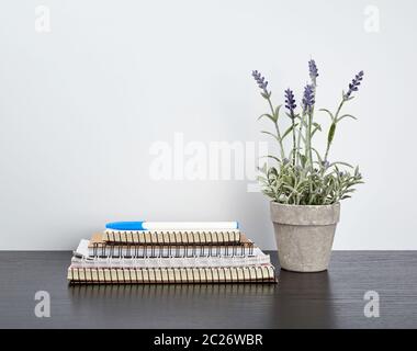 stack of spiral notebooks with white pages and ceramic pots with plants on a black table, white wall, minimalism in Scandinavian style Stock Photo