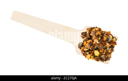 top view of portion of dried and chopped guajillo chili pepper isolated on white background Stock Photo
