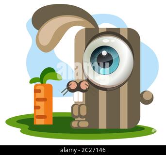 A rectangular rabbit with a big eye looks at a rectangular carrot. Cartoon character vector illustration Stock Photo