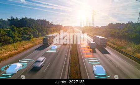Smart car (HUD) , Autonomous self-driving mode vehicle on highway road iot concept with graphic sensor radar signal system and internet sensor connect Stock Photo