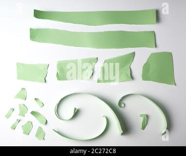 various torn strips of green paper on a white background, flat lay Stock Photo
