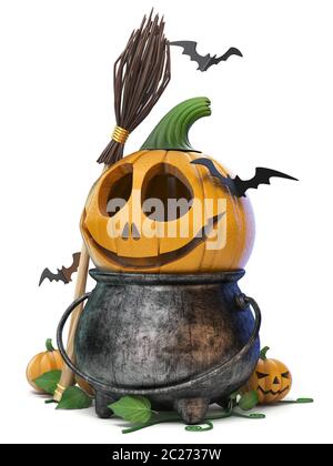 Halloween pumpkin, witch broom and bats 3D Stock Photo