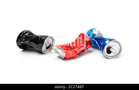 Compressed, broken aluminum cans isolated on white background closeup Stock Photo