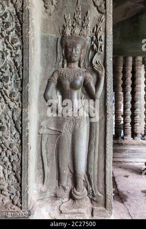 Angkor wat, Bas-relief of north wing at west gallery, Apsaras as celestial dancers, Siem Reap, Cambodia, Southeast Asia, Asia Stock Photo