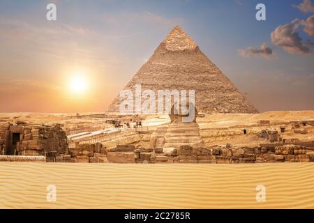 Wonderful view on the Sphinx and the Pyramid of Chephren in Egypt. Stock Photo