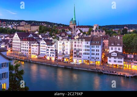Aerial view of Old Town and river Limmat at night in Zurich, the largest city in Switzerland Stock Photo