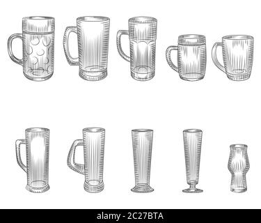Set of different beer glass and mugs. Beer cup silhouette. Glass or alcohol drink. Element for bar menu design. Engraving vintage style. Vector retro Stock Vector