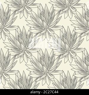 Hand drawn blue agave vector seamless pattern. Succulent plants wallpaper. Engraving vintage style. Vector illustration. Stock Vector