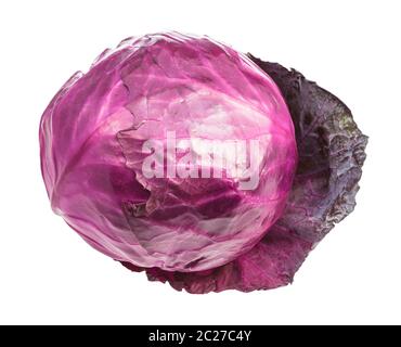 head of ripe red cabbage on leaf isolated on white background Stock Photo