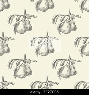 Hand drawn pears seamless pattern. Pear fruit wallpaper. Vintage engraving style backdrop. Design for wrapping paper, textile print. Vector illustrati Stock Vector