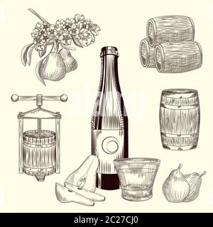 Set of pear cider. Harvest pear, press, barrel, glass and cider bottle. Craft fruit beer collection. Engraving vintage style. Vector illustration. Stock Vector