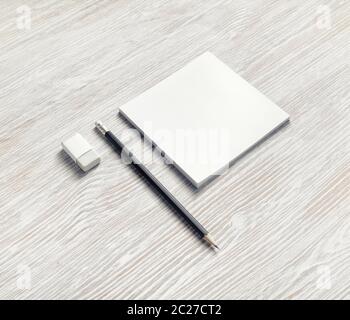 Notebook, pencil and eraser Stock Photo