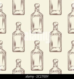 Tequila bottle seamless pattern. Traditional Mexican alcoholic drink wallpaper. Vintage engraved style. Hand drawn design. Vector illustration. Stock Vector