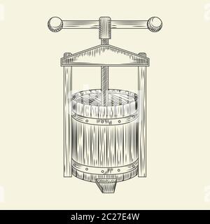 Wooden wine press. Grape press sketch. Cider making vintage engraved style. Vector illustration. Stock Vector