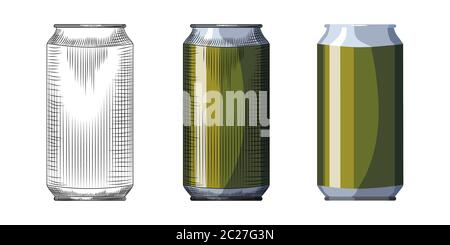 Hand drawn beer can template. Beverage green can isolated on white background. Vintage engraved style vector illustration. For pub menu, cards, poster Stock Vector