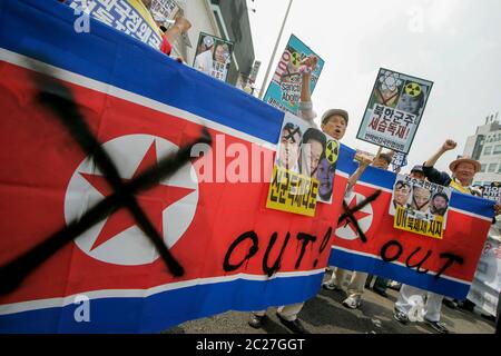 July 8, 2009, Seoul, SOUTH KOREA: June 17, 2020-Seoul, South Korea-In This pictures is File Photos. Korean War Veterans shout slogans during a anti-NK rally in Seoul, South Korea. North Korea said Wednesday it has rejected South Korea's offer to send special envoys and will redeploy troops to two inter-Korean business zones near the border, unrelentingly ratcheting up tensions a day after the regime blew up a joint liaison office. The North's disclosure of its rejection of the special envoy proposal shows the regime has no intention to defuse tensions through dialogue and will carry out a seri Stock Photo