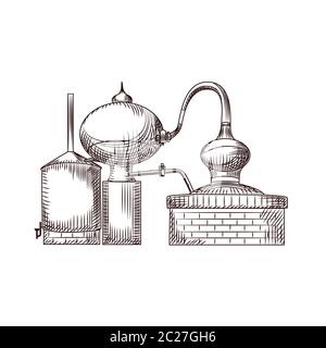 Hand drawn copper cube isolated on white background. Alembic vintage engraved style. Hand drawn distillation of alcohol vector illustration. Design fo Stock Vector