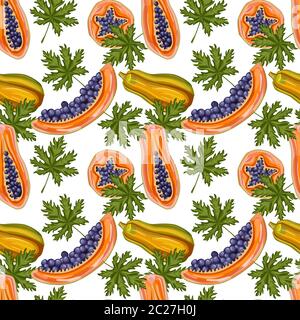 Papaya seamless pattern. Hand drawn pawpaw wallpaper. Design for wrapping paper, textile print. Vector illustration Stock Vector