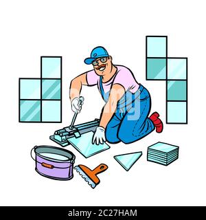 professional worker laying tile, repair work. Pop art retro vector illustration drawing Stock Photo