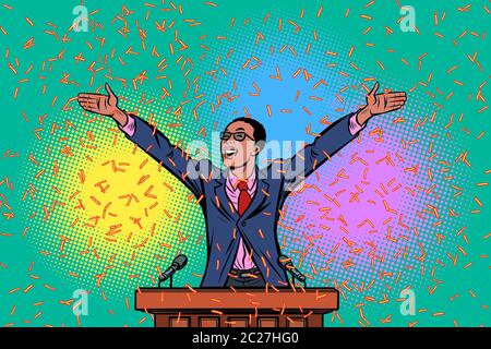 Politician candidate african speaker triumph victory. Comic cartoon pop art retro vector illustration drawing Stock Photo