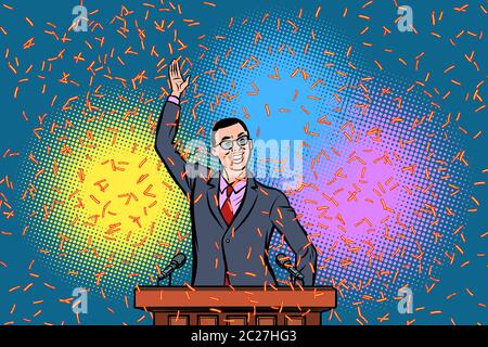 Politician candidate Asian speaker triumph victory. Comic cartoon pop art retro vector illustration drawing Stock Photo