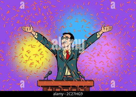 Politician candidate speaker triumph victory. Comic cartoon pop art retro vector illustration drawing Stock Photo