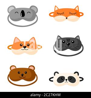 Kit children s sleep mask with different design on white background. Set face mask for sleeping human with corgi, cat, panda, fox,bear, koala in flat Stock Vector