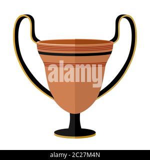 Ancient Greece clay kantharos wine cup. Antiquity drinking kantharos cup with patterns. Used in the Greek feast flat vector illustration isolated on w Stock Vector