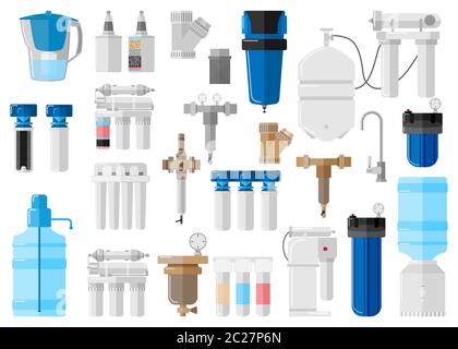 Kit water filter on white background in flat style. Set equipment for processes with special modern technologies water purification vector illustratio Stock Vector