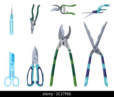 Set of professional garden tools for trimming and tree care on white background. Secateur in style flat isolated vector illustration design. Stock Vector