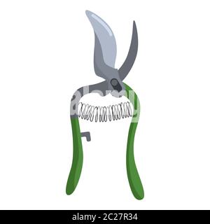 Green secateur with spiral on white background isolated. Professional garden tool for trimming and tree care vector illustration icon design. Stock Vector