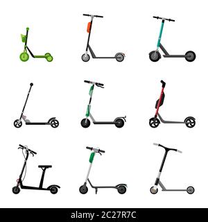Set scooter on white background. Electric and trick scooter in style flat design. Vector illustration. Stock Vector