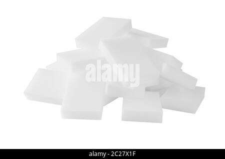 Melamine sponges isolated on white background. The concept of house cleaning and surfaces cleaning. Stock Photo