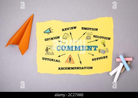 Comment. Opinion, review, support and tutorial concept. Text on note sheet, paper plane, symbol of gaining goals, striving upwards Stock Photo