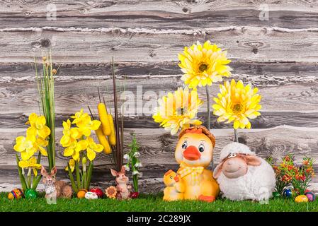 The easter bunnies with the ducks and the lamb Stock Photo