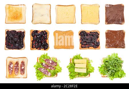 various open sandwiches on toasted bread isolated on white background Stock Photo