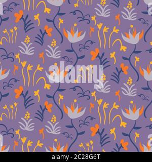 folk style bloom seamless vector pattern on purple Stock Vector