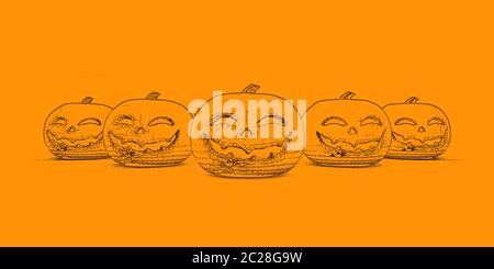 Fun Halloween Background with Spooky Smiling Pumpkins Stock Photo
