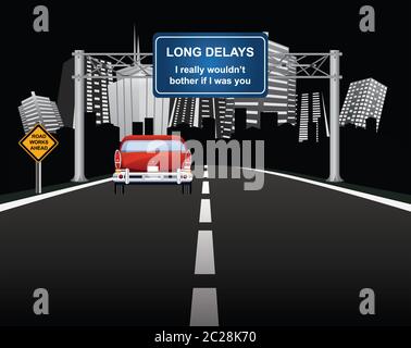 Comical roadworks ahead with long delays signs with vehicle entering generic city Stock Photo