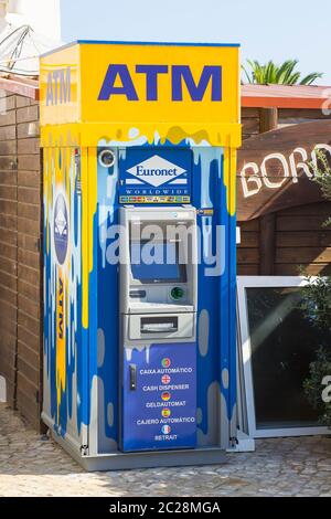 3 October 2018 An automated cash dispenser located on the street in the Portuguse holiday resort of Albuferia on the Algarve Stock Photo