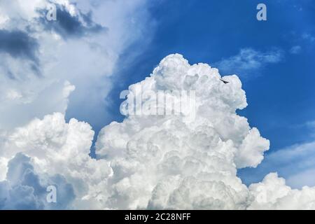 Stunning huge bizarre clouds swirl in the blue sky. Image for backgrounds. Stock Photo