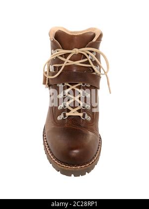 hiking boot brown leather traditional style isolated on white Stock Photo