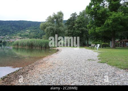 Pergine Valsugana, Italy. 16th June, 2020. Pergine Valsugana, Beach of San Cristoforo, Italy on June 16, 2020. Beaches are reopening very slowly after the lockdown due to the New Coronavirus Pandemic. Foreign tourists from Germany, Netherlands and Austria are still rare. (Photo by Pierre Teyssot/ESPA-Images) Credit: European Sports Photo Agency/Alamy Live News Stock Photo