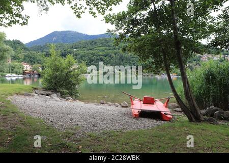 Pergine Valsugana, Italy. 16th June, 2020. Pergine Valsugana, A rescue boat at the beach of San Cristoforo, Italy on June 16, 2020. Beaches are reopening very slowly after the lockdown due to the New Coronavirus Pandemic. Foreign tourists from Germany, Netherlands and Austria are still rare. (Photo by Pierre Teyssot/ESPA-Images) Credit: European Sports Photo Agency/Alamy Live News Stock Photo