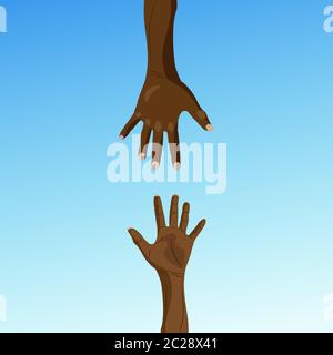 conceptual vector image of extending helping hand of one person to other with blue sky background Stock Vector
